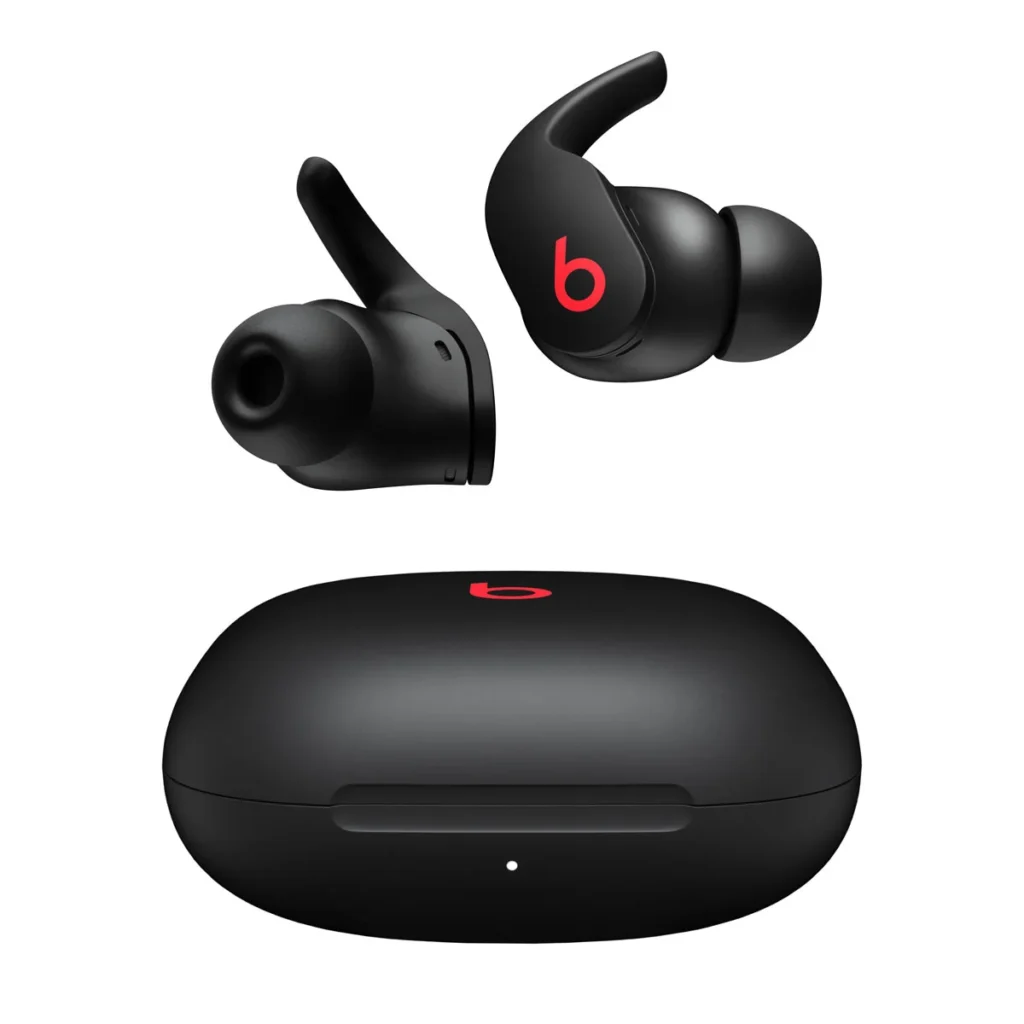 Beats Fit Pro earbuds showcased on a white background, highlighting their sleek design and secure fit, perfect for sports and workouts.