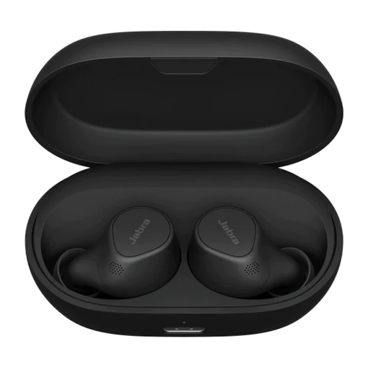 Jabra Elite 7 Pro in-ear headphones displayed with charging case.